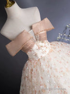 A-Line Off Shoulder Tulle Lace Champagne Long Prom Dresses
