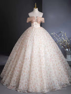A-Line Off Shoulder Tulle Lace Champagne Long Prom Dresses