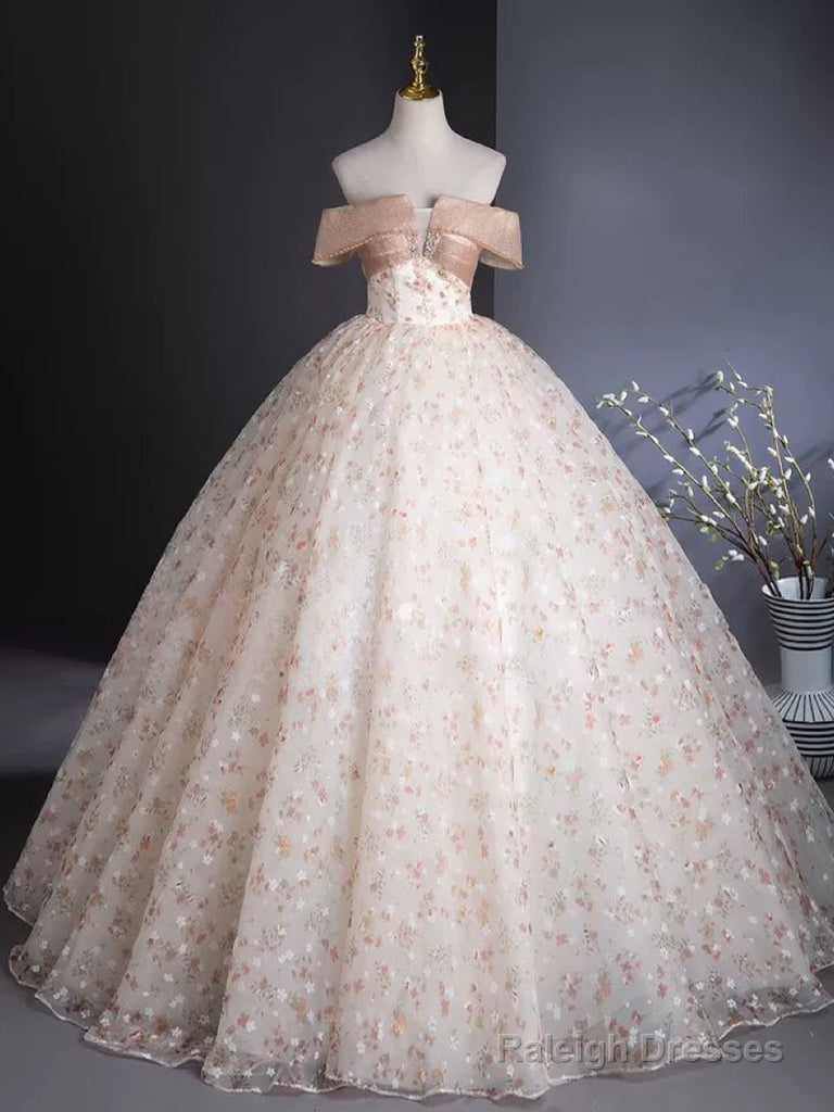 A-Line Off Shoulder Tulle Lace Champagne Long Prom Dresses