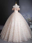 A-Line Off Shoulder Tulle Lace Champagne Long Prom Dresses