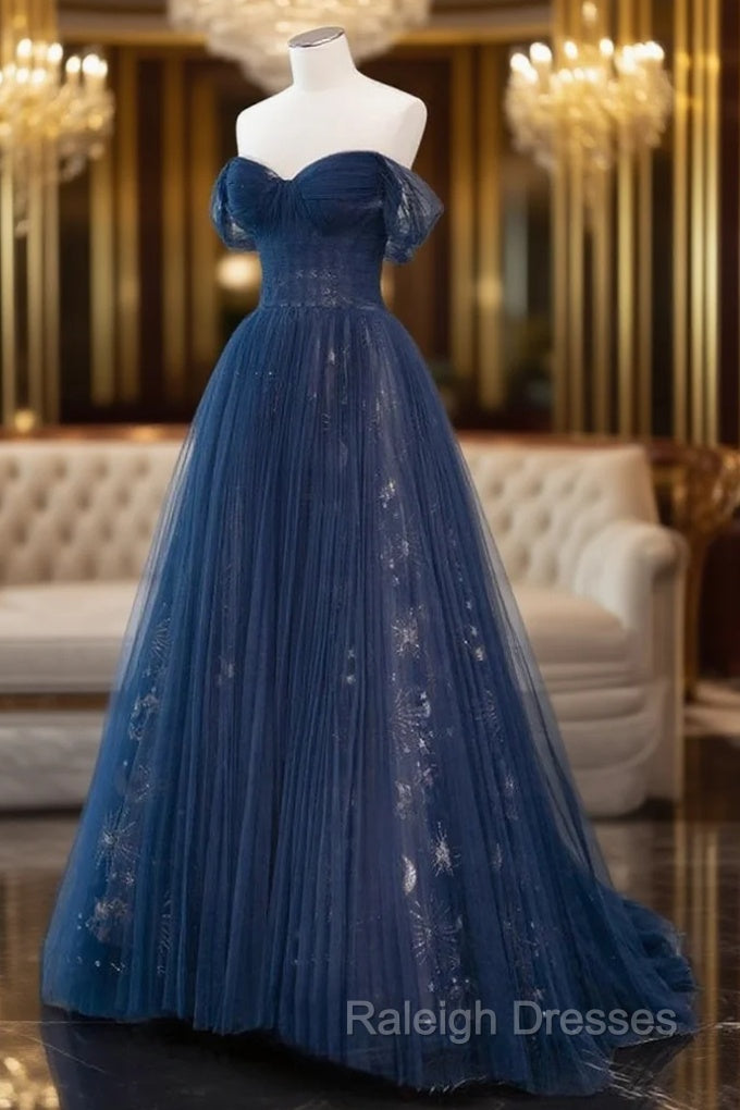A-Line Off Shoulder Tulle Lace Dark Blue Long Prom Dress Main image