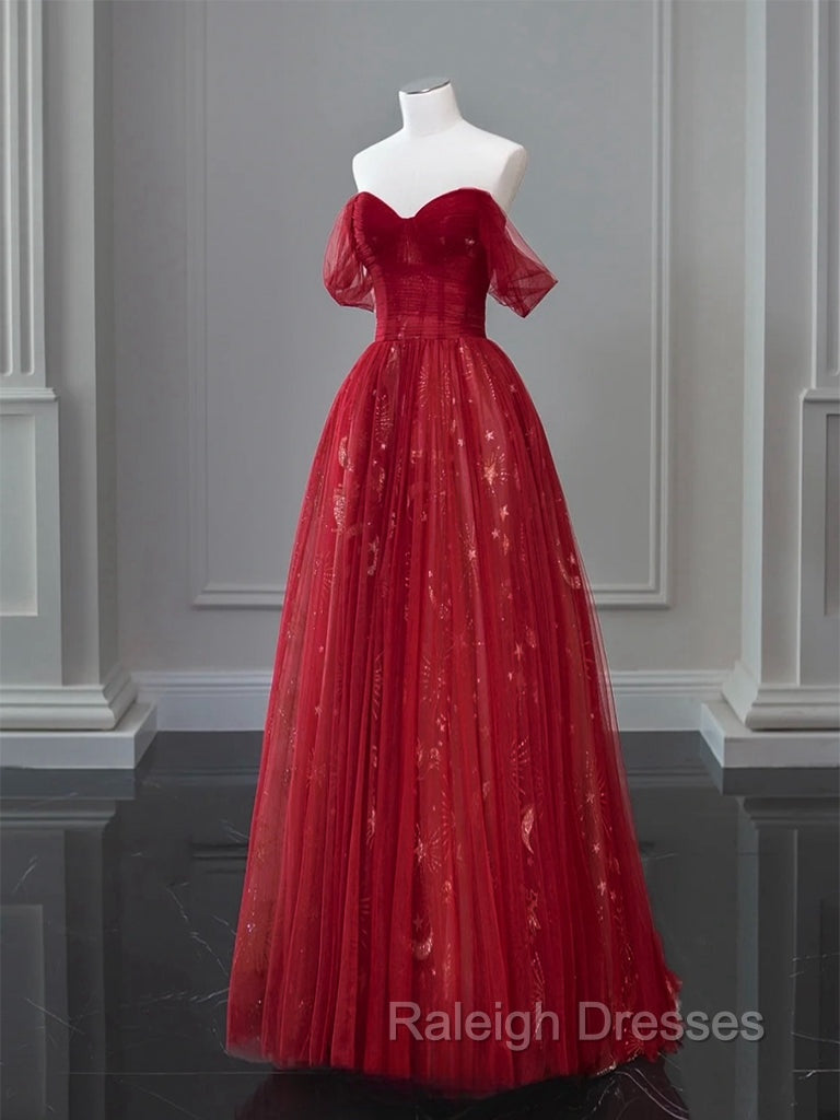 A Line Off Shoulder Tulle Lace Dark Red Long Prom Dress Secondary image