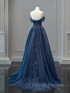 A Line Off Shoulder Tulle Lace Dark Red Long Prom Dress