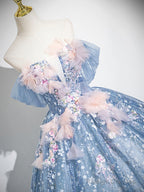 A-Line Off Shoulder Tulle Lace Gray Blue Long Prom Dress, Gray Blue Formal Dress