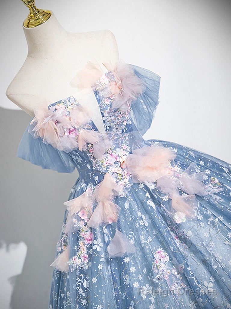 A-Line Off Shoulder Tulle Lace Gray Blue Long Prom Dresses Gray Blue Prom Dresses