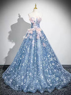 A-Line Off Shoulder Tulle Lace Gray Blue Long Prom Dresses Gray Blue Prom Dresses