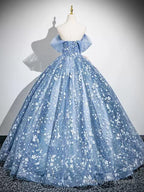 A-Line Off Shoulder Tulle Lace Gray Blue Long Prom Dresses Gray Blue Prom Dresses
