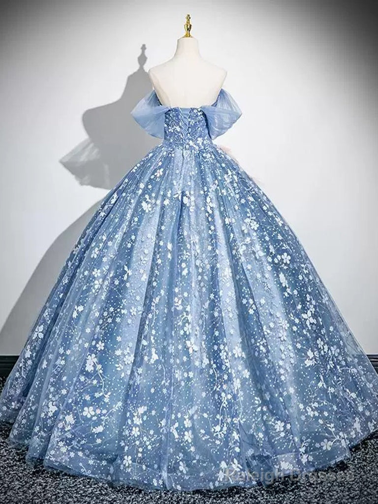 A-Line Off Shoulder Tulle Lace Gray Blue Long Prom Dresses Gray Blue Prom Dresses
