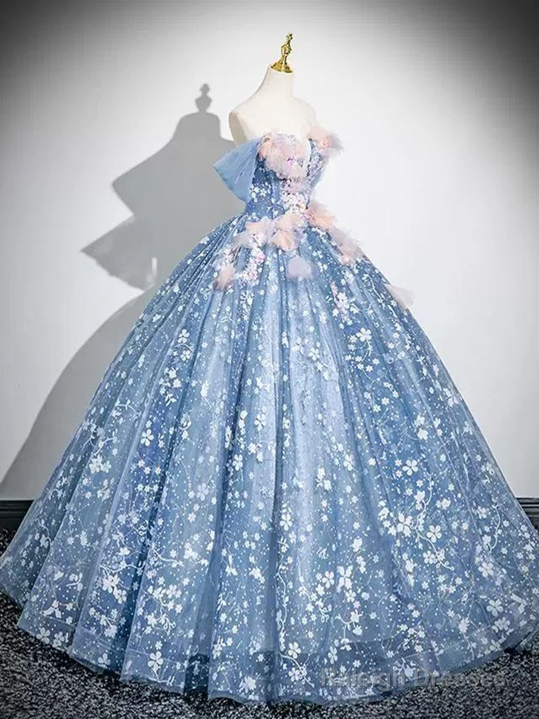 A-Line Off Shoulder Tulle Lace Gray Blue Long Prom Dresses Gray Blue Prom Dresses