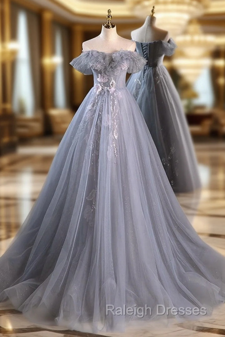 A Line Off Shoulder Tulle Lace Gray Blue Long Prom Dress, Gray Blue Long Formal Dress