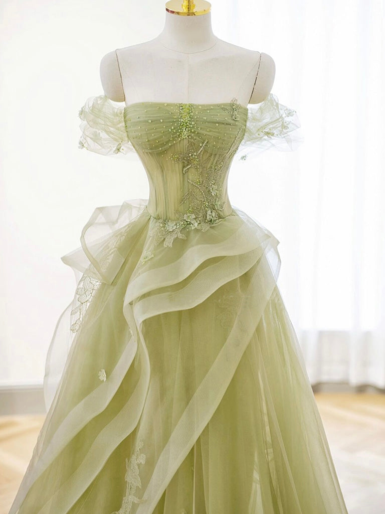 A-Line Off Shoulder Tulle Lace Green Long Prom Dresses Green Lace Long Prom Dresses