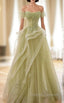 A-Line Off Shoulder Tulle Lace Green Long Prom Dress, Green Long Graduation Dress