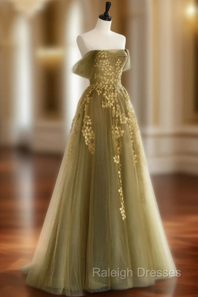 A-Line Off Shoulder Tulle Lace Long Prom Dress, Green Tulle Formal Evening Dress