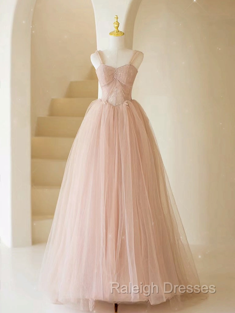 A Line Off Shoulder Tulle Lace Pink Long Prom Dress, Pink Long Formal Dress
