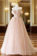 A-Line Off Shoulder Tulle Lace Pink Long Prom Dress, Pink Long Formal Dress