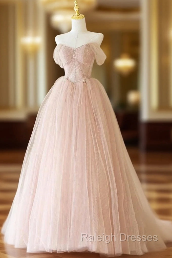 A Line Off Shoulder Tulle Lace Pink Long Prom Dress, Pink Long Formal Dress Main image