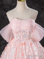 A-Line Off Shoulder Tulle Lace Pink Long Prom Dress, Pink Sweet 16 Dress