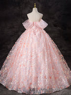A-Line Off Shoulder Tulle Lace Pink Long Prom Dress, Pink Sweet 16 Dress