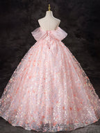 A-Line Off Shoulder Tulle Lace Pink Long Prom Dresses Pink Sweet 16 Dresses