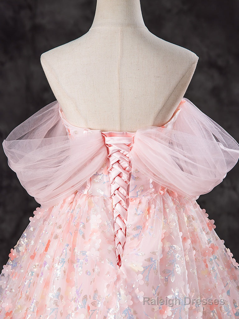 A-Line Off Shoulder Tulle Lace Pink Long Prom Dress, Pink Sweet 16 Dress