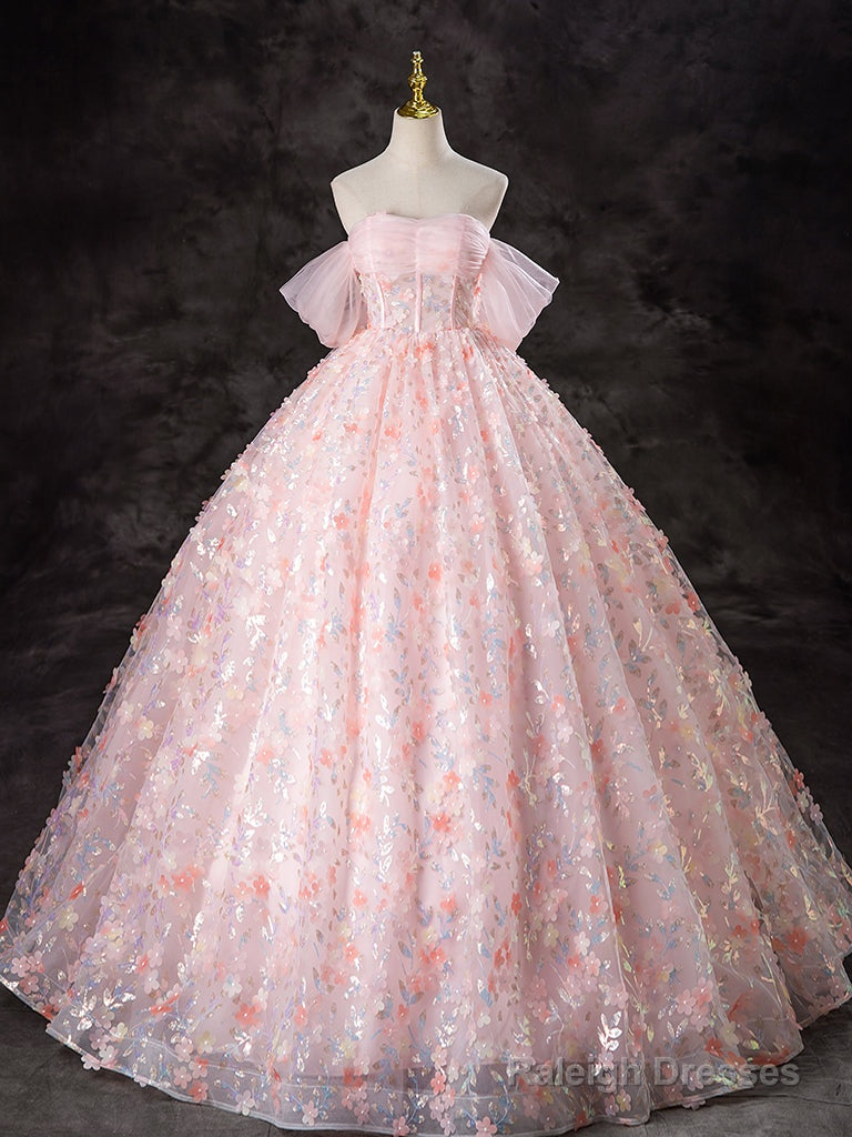 A-Line Off Shoulder Tulle Lace Pink Long Prom Dress, Pink Sweet 16 Dress Main image