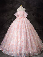 A-Line Off Shoulder Tulle Lace Pink Long Prom Dresses Pink Sweet 16 Dresses