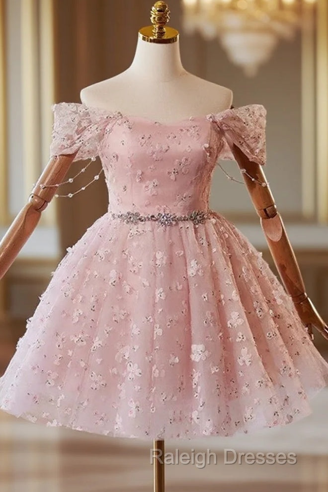 A-Line Off Shoulder Tulle Lace Pink Short Prom Dress, Pink Homecoming Dress Main image