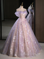 A Line Off Shoulder Tulle Lace Purple Long Prom Dresses Purple Prom Dresses