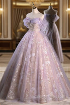 A-Line Off Shoulder Tulle Lace Purple Long Prom Dress, Purple Formal Dress