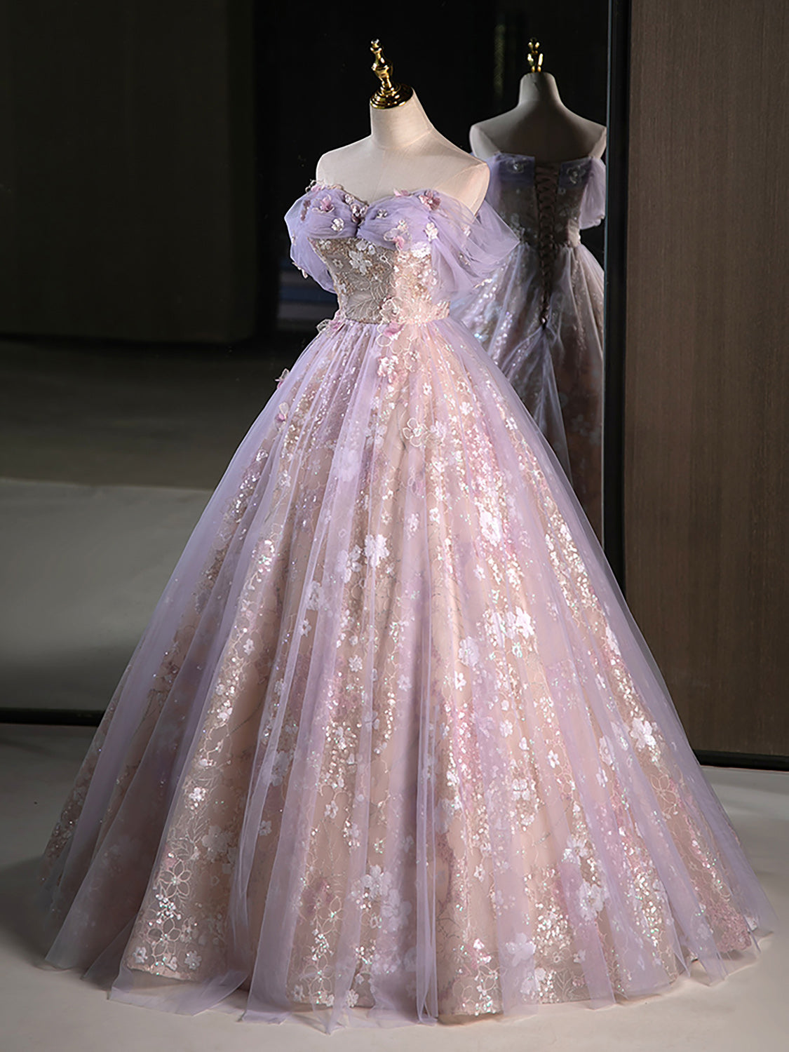 A-Line Off Shoulder Tulle Lace Purple Long Prom Dresses Purple Prom Dresses