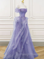 A-Line Off Shoulder Tulle Lace Purple Long Prom Dress, Purple Lace Long Formal Dress