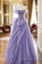 A-Line Off Shoulder Tulle Lace Purple Long Prom Dress, Purple Lace Long Formal Dress