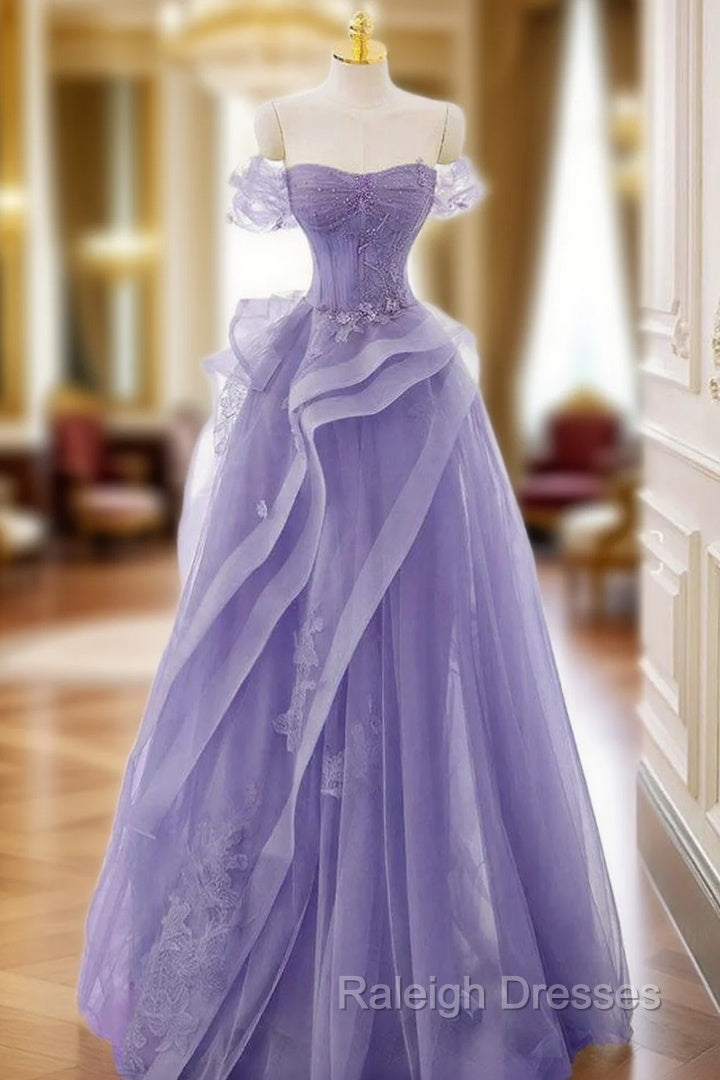 A-Line Off Shoulder Tulle Lace Purple Long Prom Dress, Purple Lace Long Formal Dress
