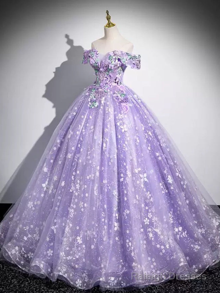 A-Line Off Shoulder Tulle Lace Purple Long Prom Dresses Purple Long Prom Dresses
