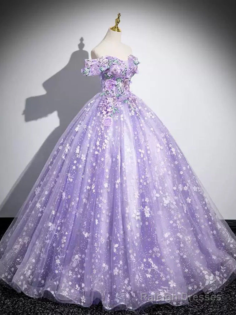 A-Line Off Shoulder Tulle Lace Purple Long Prom Dresses Purple Long Prom Dresses