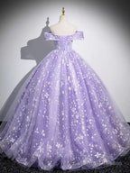 A-Line Off Shoulder Tulle Lace Purple Long Prom Dresses Purple Long Prom Dresses