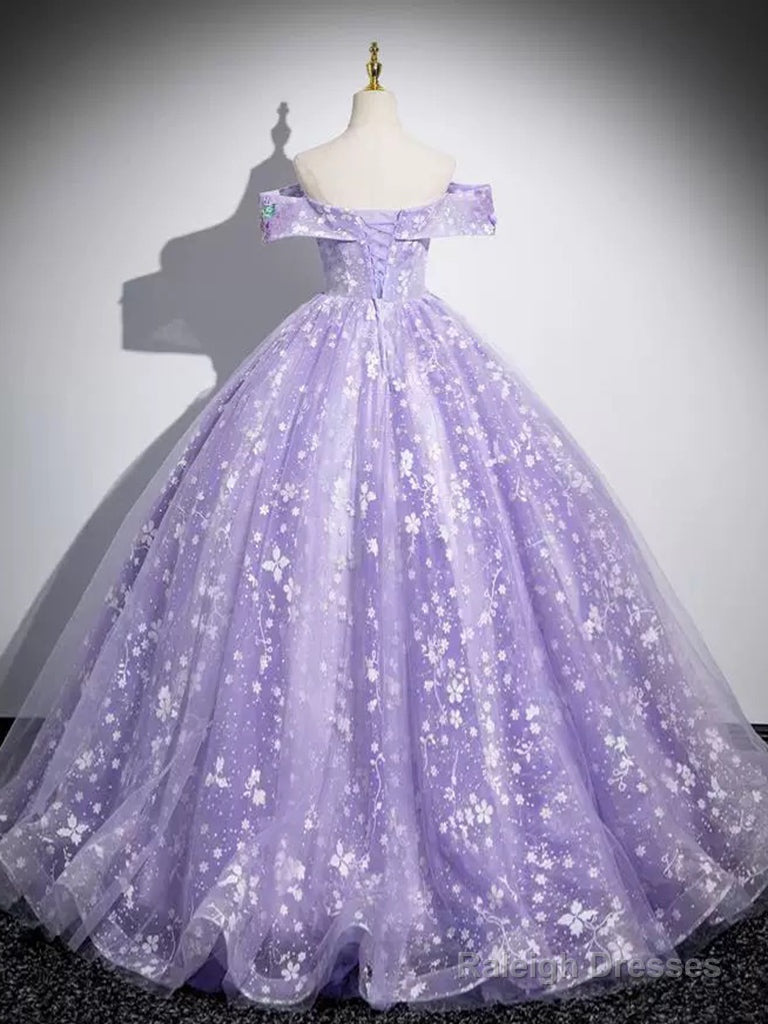 A-Line Off Shoulder Tulle Lace Purple Long Prom Dresses Purple Long Prom Dresses