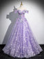 A-Line Off Shoulder Tulle Lace Purple Long Prom Dresses Purple Long Prom Dresses