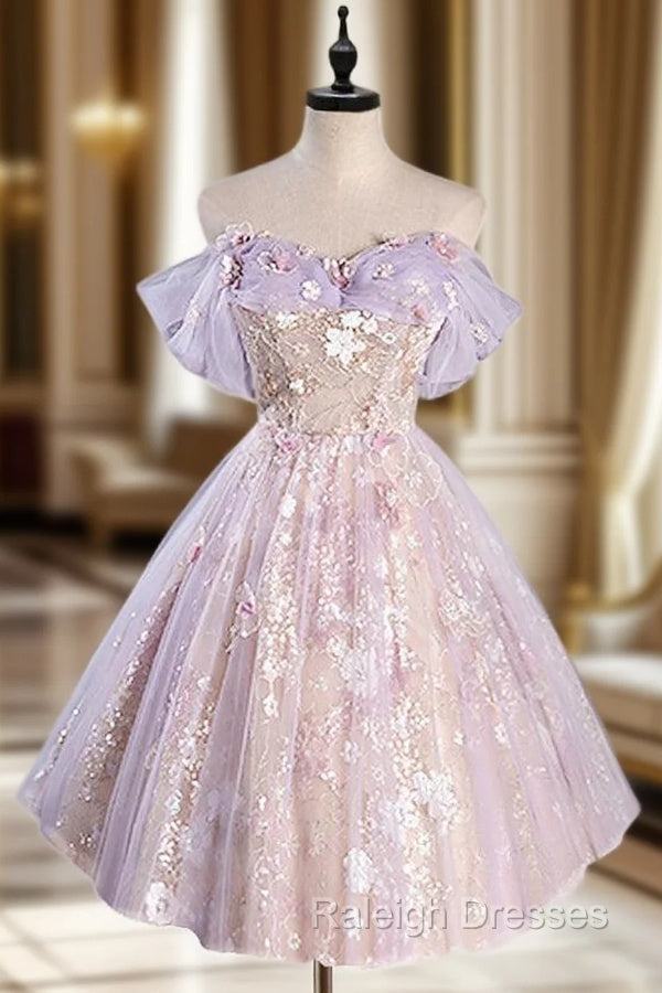 A-Line Off Shoulder Tulle Lace Purple Short Prom Dress, Cute Purple Homecoming Dress