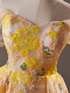 A-Line Off Shoulder Tulle Lace Short Yellow Prom Dresses Yellow Homecoming Dresses