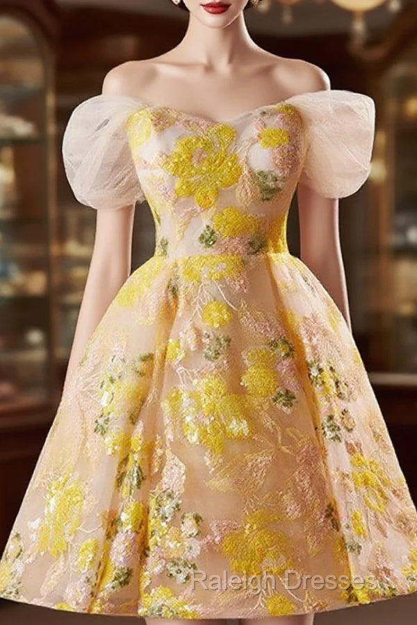 A-Line Off Shoulder Tulle Lace Short Yellow Prom Dress, Yellow Homecoming Dress Main image