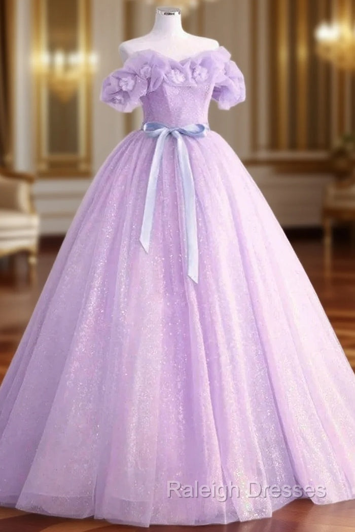 A-Line Off Shoulder Tulle Lavender Long Prom Dresses Main image