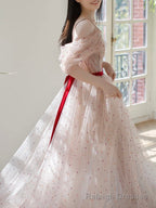 A Line Off Shoulder Tulle Light Pink Long Prom Dress, Long Formal Dress