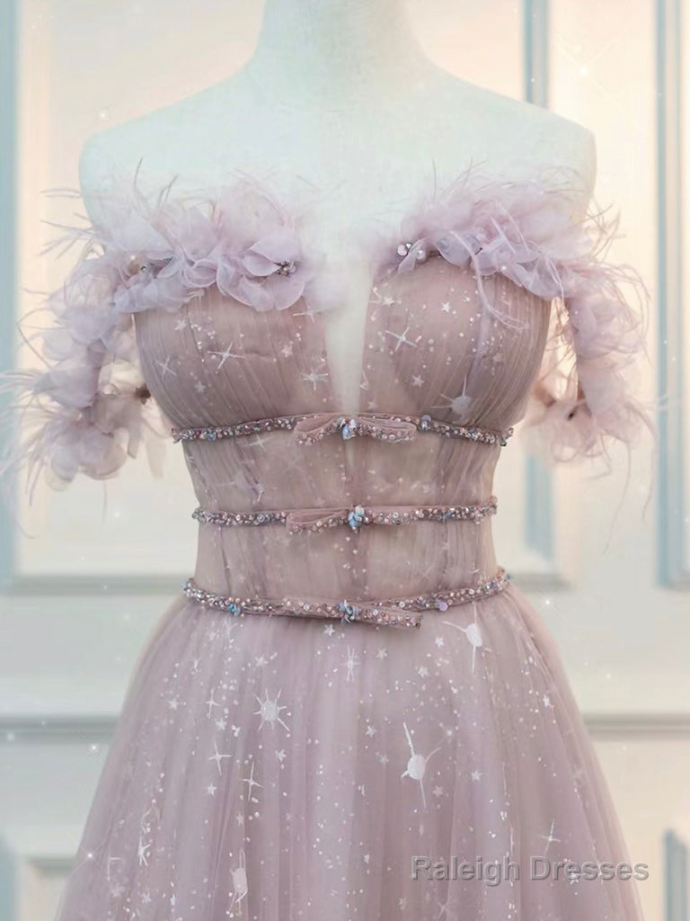 A-Line  Off Shoulder Tulle Pink Long Prom Dress, Pink Graduation Dress With Beads Secondary image