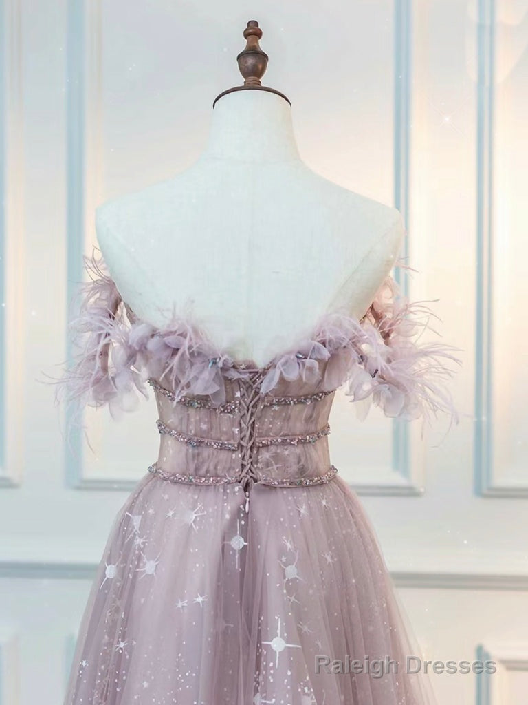 A-Line  Off Shoulder Tulle Pink Long Prom Dress, Pink Graduation Dress With Beads