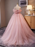 A-Line Off Shoulder Tulle Pink Long Prom Dress, Pink Long Formal Dress