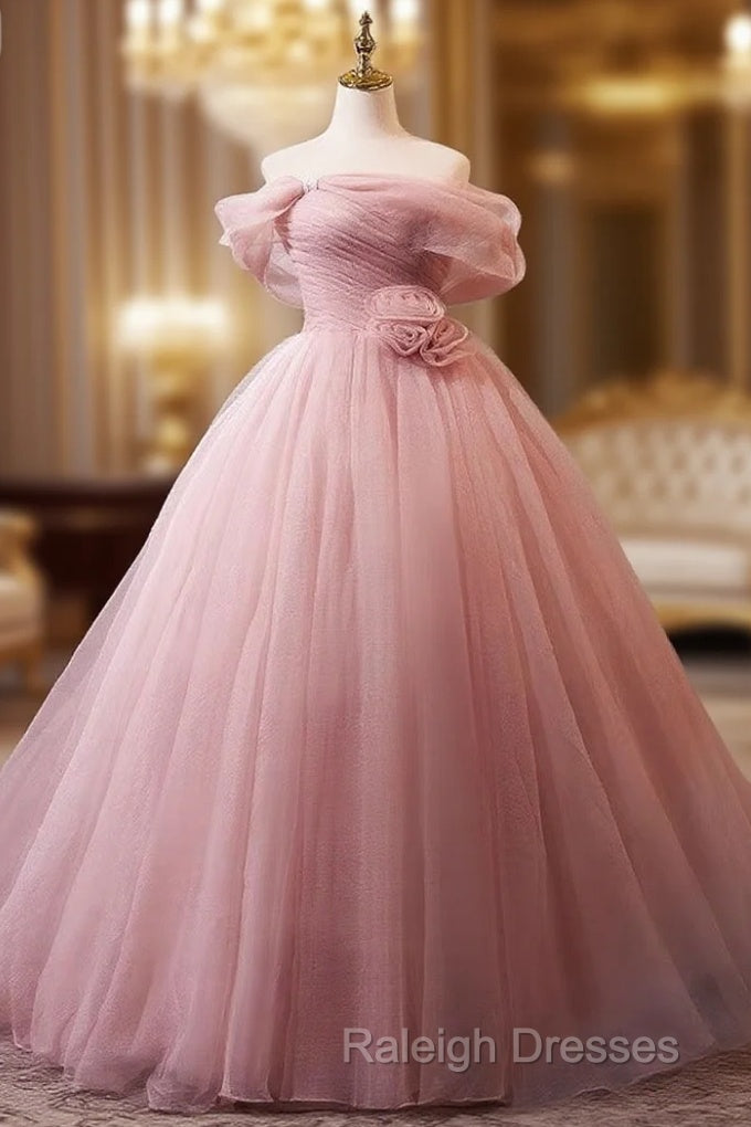 A-Line Off Shoulder Tulle Pink Long Prom Dress, Pink Long Formal Dress Main image