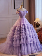 A-Line Off Shoulder Tulle Purple Long Prom Dress, Purple Long Evening Dress
