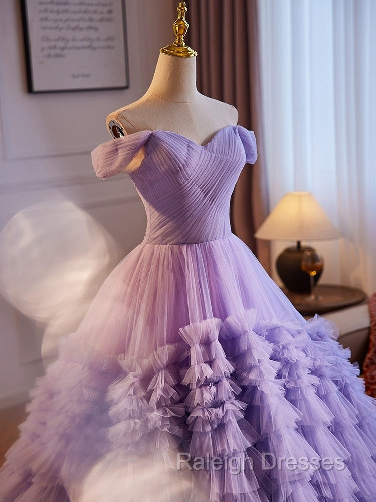 A Line Off Shoulder Tulle Purple Long Prom Dress, Purple Long Prom Dress
