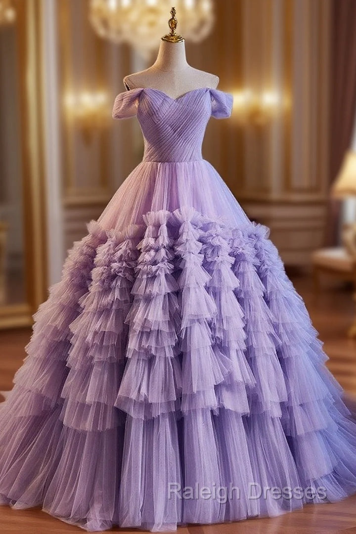 A-Line Off Shoulder Tulle Purple Long Prom Dress, Purple Long Evening Dress
